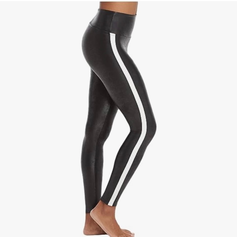 Spanx faux leather leggings with white strip